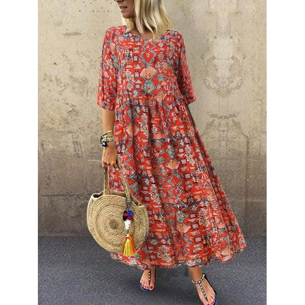 ZANZEA - ZANZEA Women Round Neck 3/4 Sleeve Floral Print Long Dress