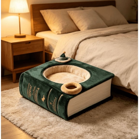 Book-Shaped Cat Bed, Book Shaped Pet Bed Cozy Storybook Sleep Nest - Vintage BookNest Cave for Small Cats & Tiny Dogs Cozy Sleeping House (D)