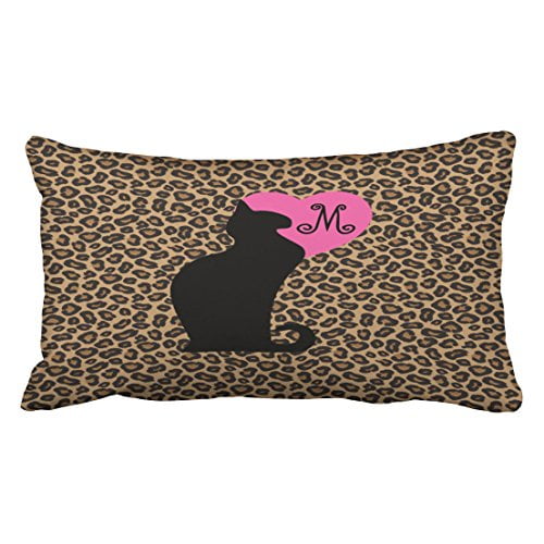 RYLABLUE Lovely Black Cat And Pink Heart Leopard Pattern Throw Pillow Decor Polyester 20 x 30 Inch Rectangle Throw Pillow Covers With Hidden Zipper Home Sofa Cushion Decorative Pillowcases