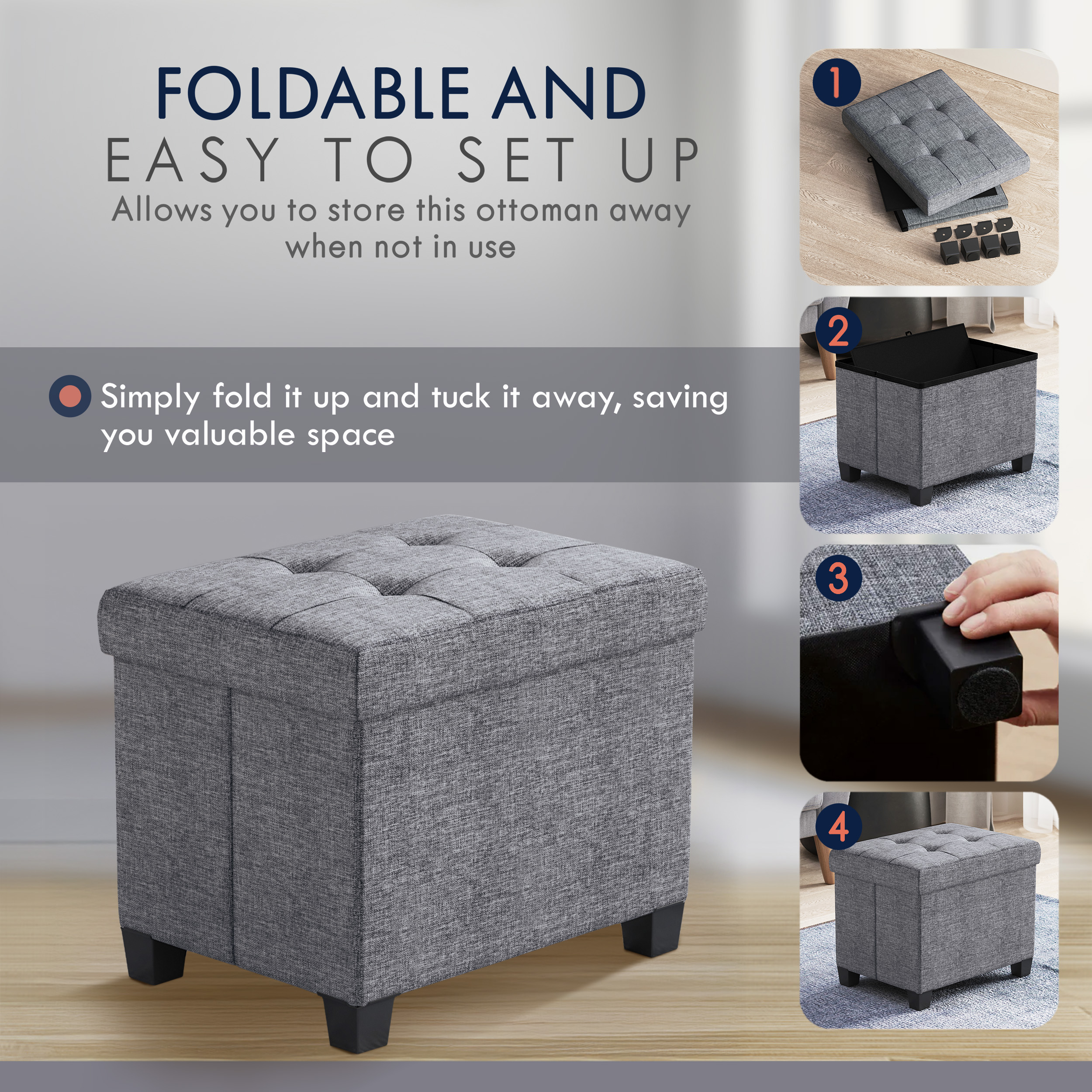 Ornavo Home Small Storage Ottoman with Legs, Gray Linen photo 3