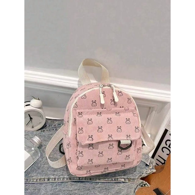 Mochila Pequeña De Pana Rosa Con Estampado De Conejos, Ligera Y Versátil