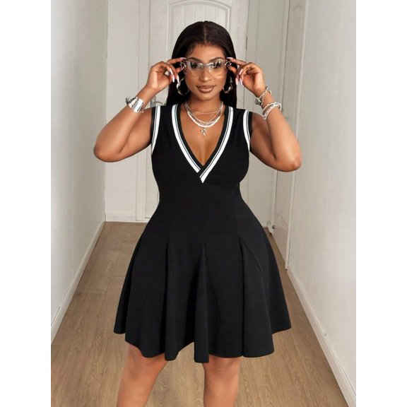 Black Plus Size Contrast Trim Deep V-Neck Sleeveless Casual Fit & Flare Dress