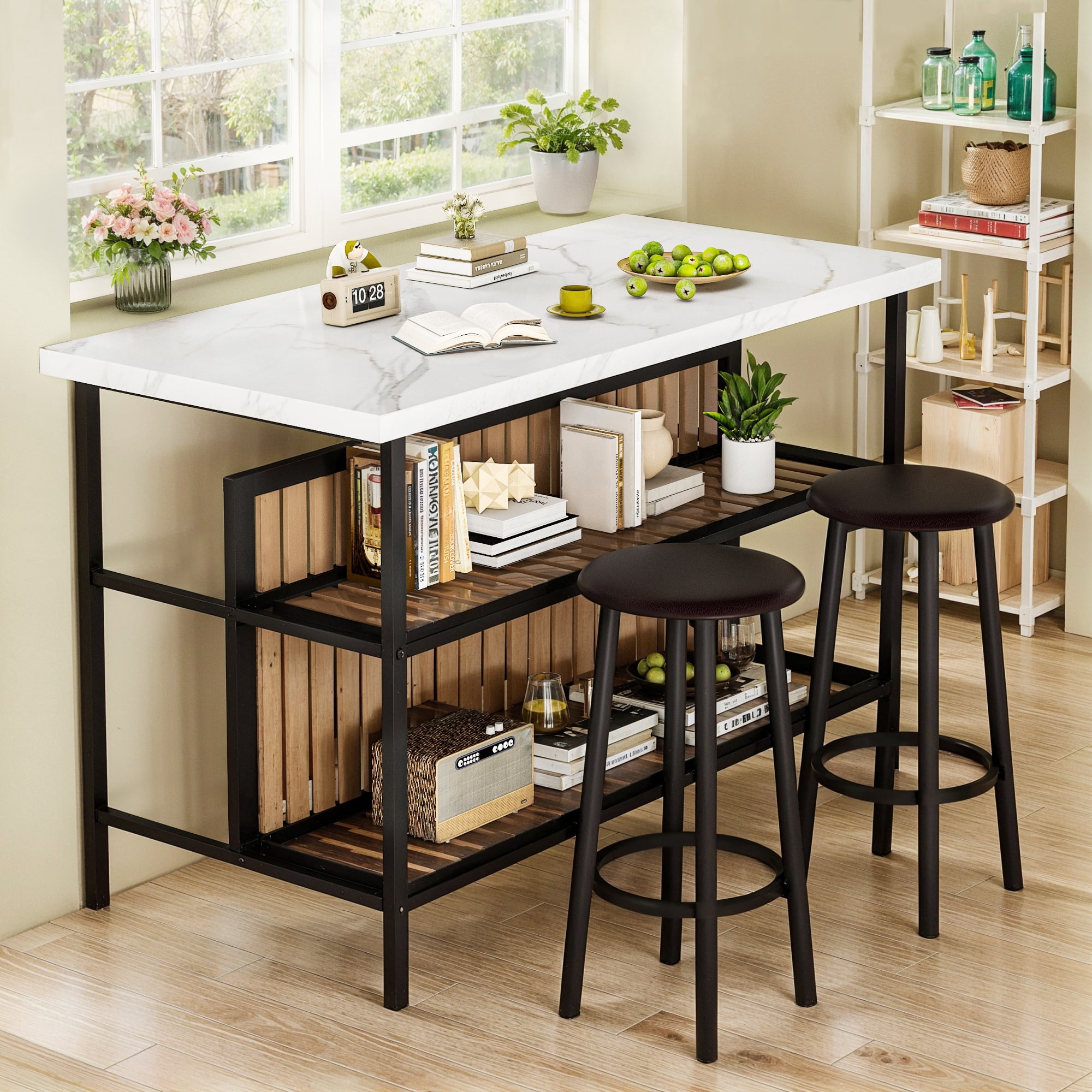 Cvortll Kitchen Island with Seating and Storage, 47.2" Wooden Counter Height Bar Table with 2 Stools, Space Saving Dining Table Set for Small Apartment or Bistro, White