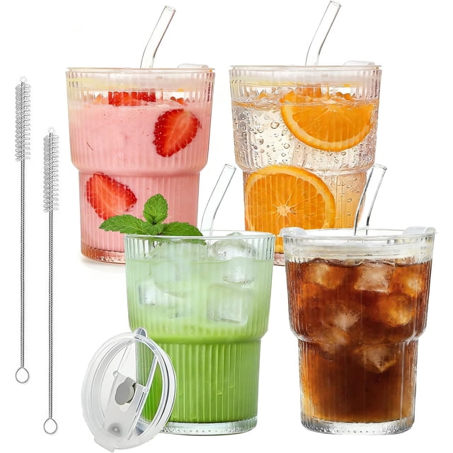4 Vasos de Vidrio Reutilizables, 13oz Vaso de Vidrio Acanalados, Vasos para Beber con Tapa y Popote, Vasos de Cristal 400ML, para Café, Matcha, Capuchino y Agua