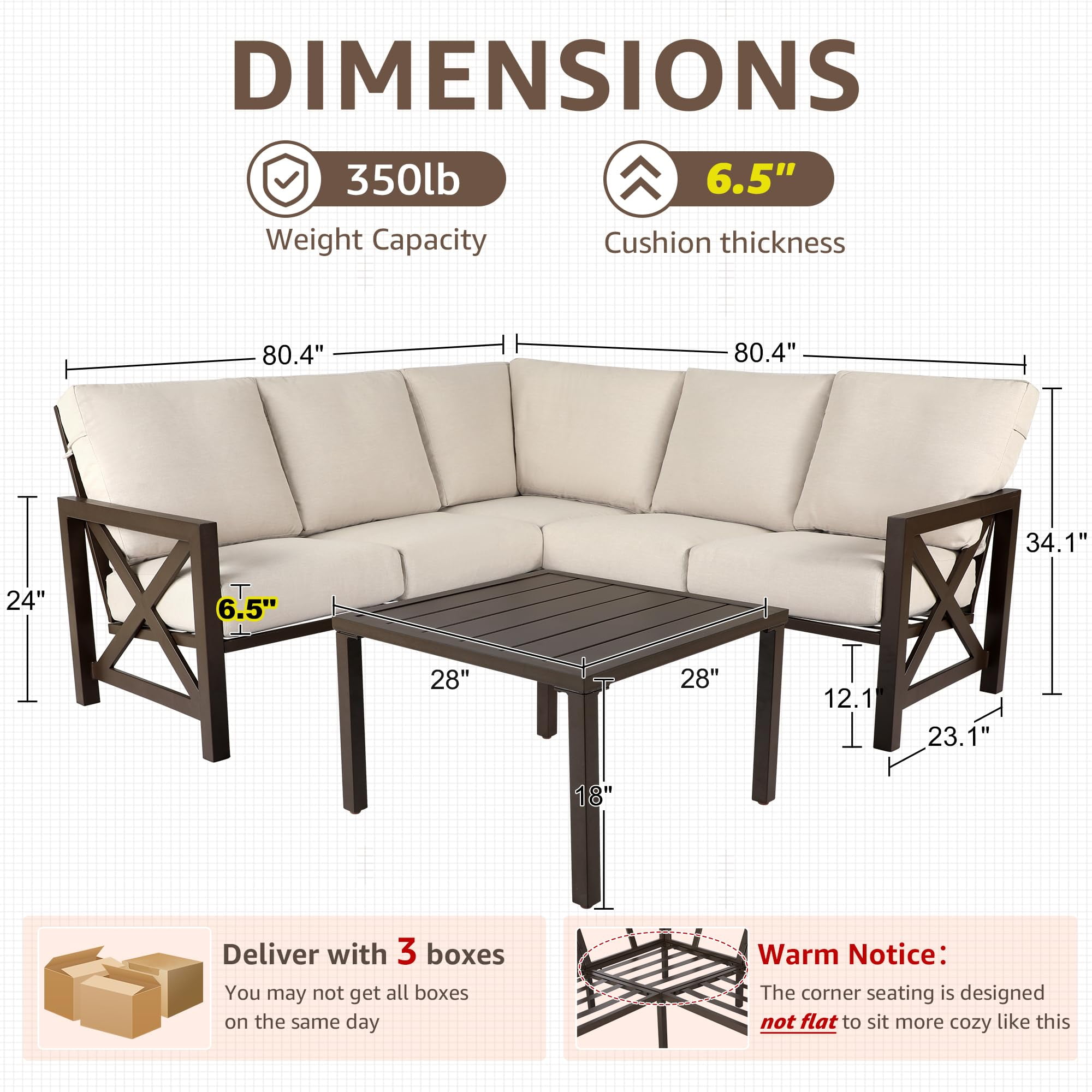 NATURAL EXPRESSIONS 6 Pieces Patio Furniture Sets, Metal Outdoor Sectional Furniture L Shape Patio Conversation Sets,Highback Frame,Metal Table,Large Waterproof Cover, 6.5" Olefin Cushions