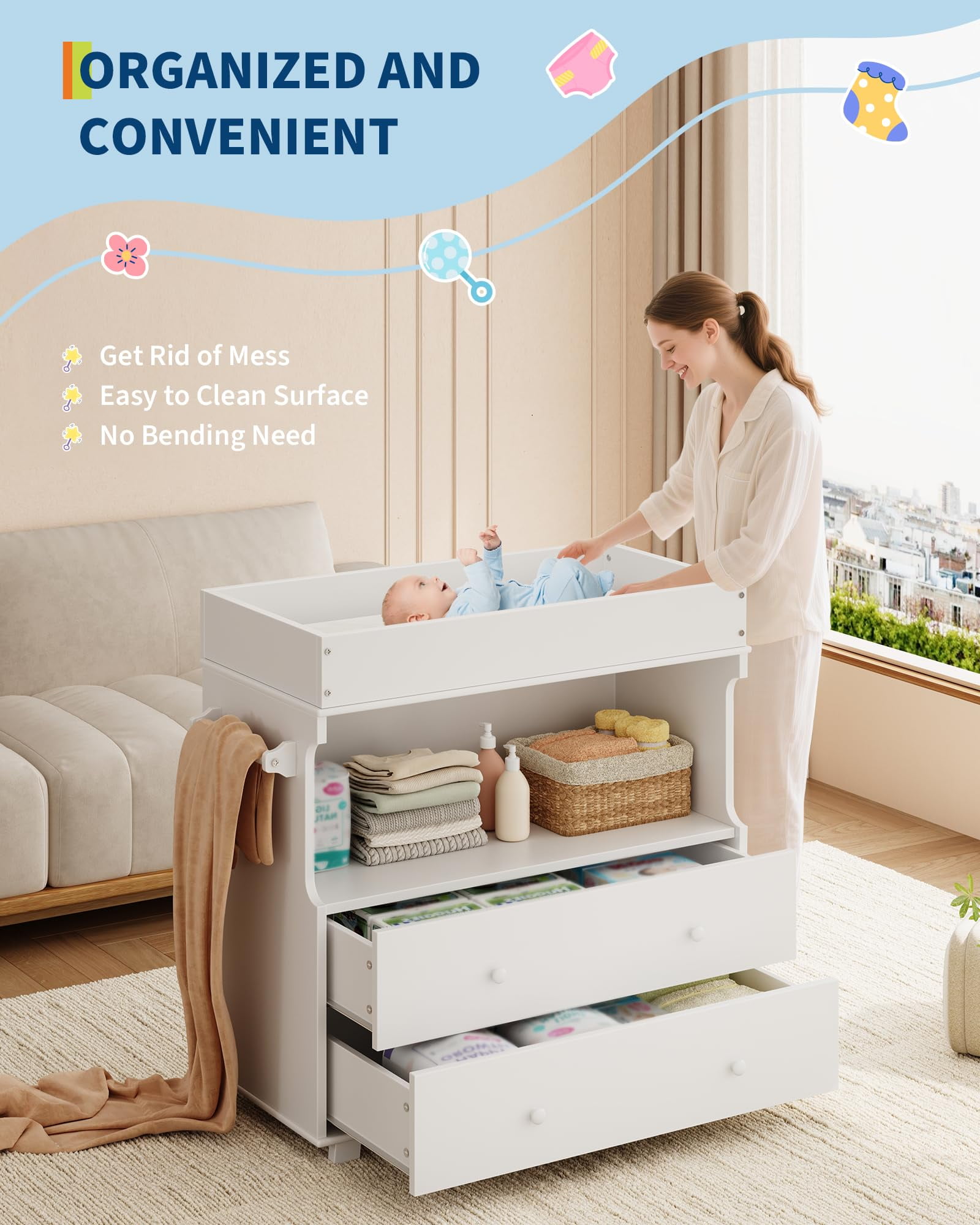 Huisuilinss Changing Table Dresser,Baby Nursery Dresser,Modern Wood Diaper Changing Station With 2 Drawers & Shelves,Multi-Functional Chest Of Drawer For Nursery Room Bedroom Kids Room