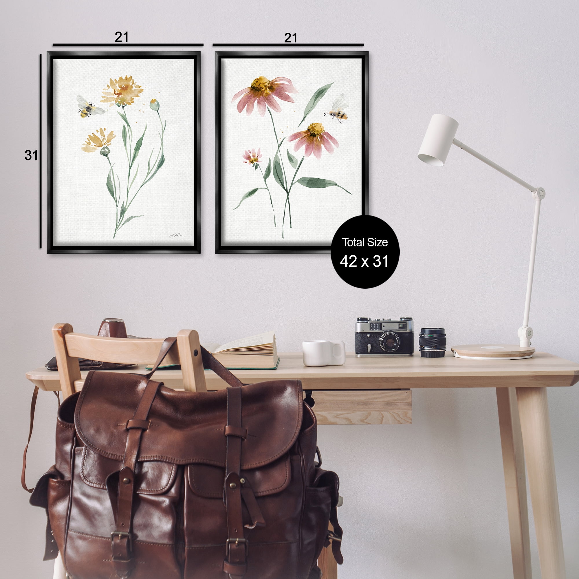 Stupell Industries Flower Stem Bees Plants & Flowers Painting Black Floater Framed Canvas Art Print Wall Art, 21 x 31, Set of 2