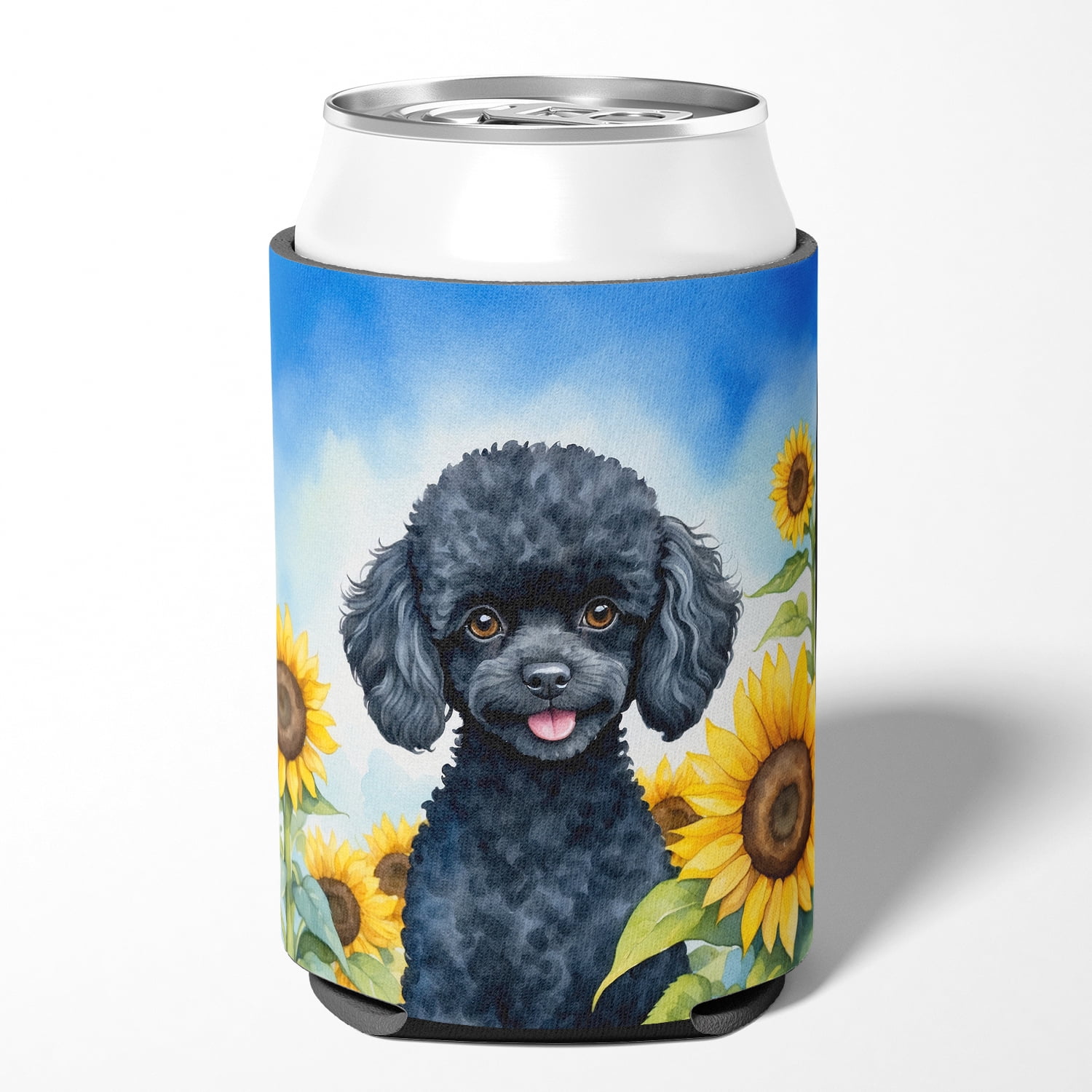 Black Poodle in Sunflowers Can or Bottle Hugger 3 in x 5 in