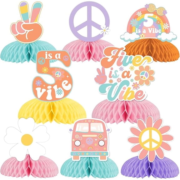 8 Pieces Five Is A Vibe Honeycomb Centerpieces, Boho Girl’s 5th Birthday Party Decorations, Daisy Flower Retro 60s 70s Hippie Theme Table Toppers Decors Party Supplies
