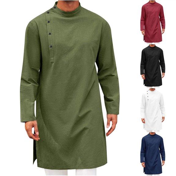 Dianli Shirts for Men Casual Solid Color Long Sleeve Button Round Neck Slit Shirt Blouse Lightweight Breathable Cotton-Blend Fashionable Simple Office Workwear Summer Casual