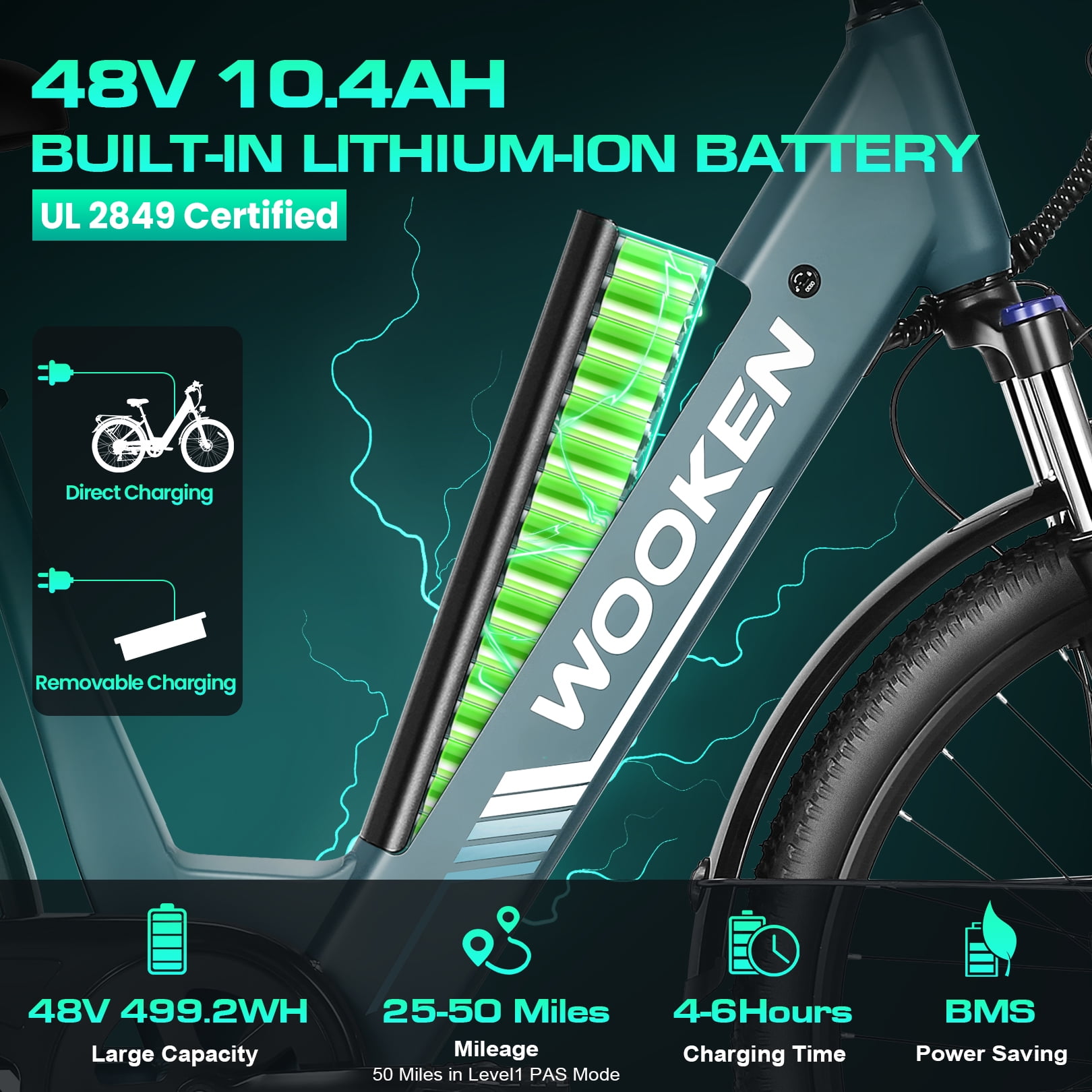 WOOKEN Electric Bike for Adults ,48V 10.4Ah Removable Battery and up to 50Miles 19.8MPH, 26" x 2.1" Electric Commuter Bike with 7-Speed and Front Suspension, UL 2849