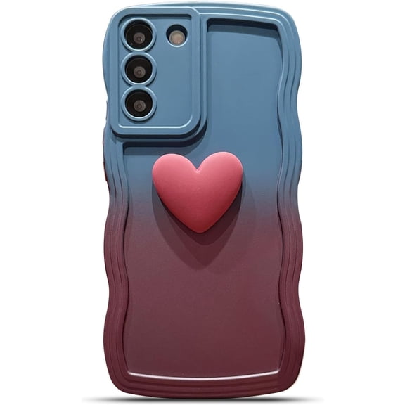 for Samsung Galaxy S22  Plus Case, Cute Kawaii 3D Love Heart Gradient Color Curly Wave Frame Camera Lens Cover Shockproof Soft Silicone S22 Plus Phone Case 6.6" for Women (Blue Wine Red)