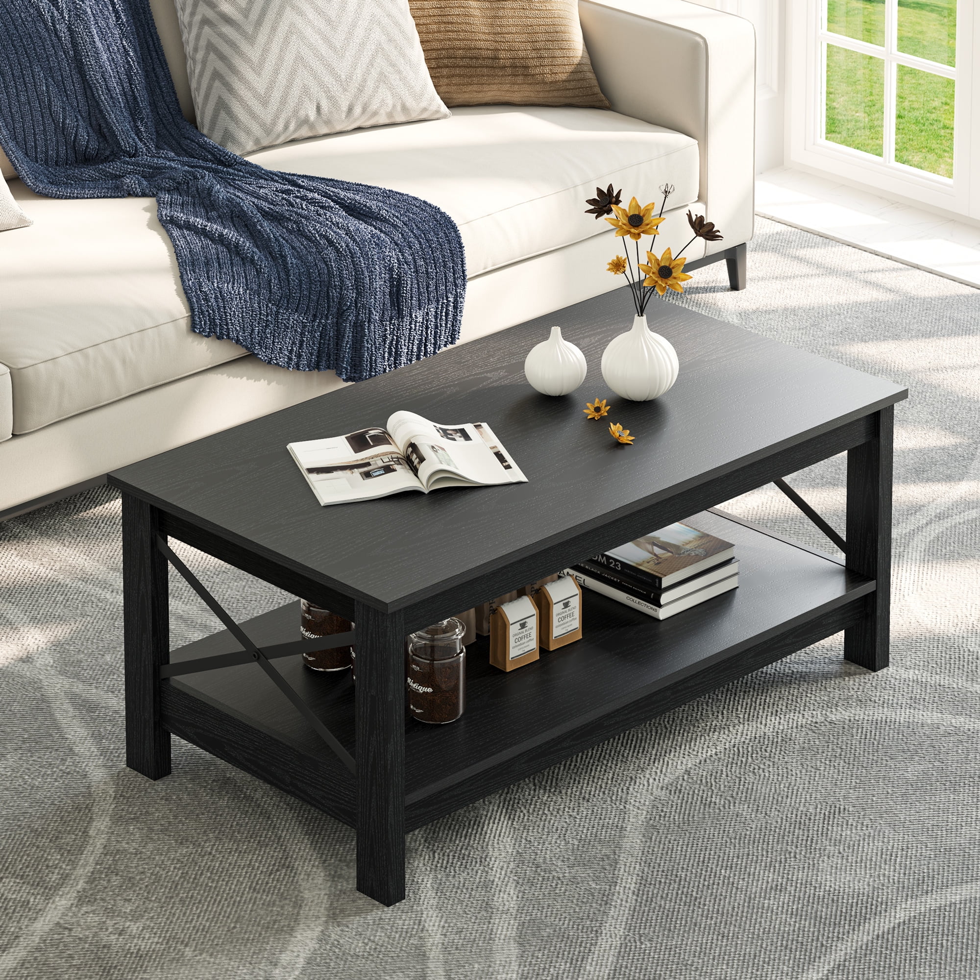 Dextrus Farmhouse Coffee Table with Open Storage Shelf, 2-Tier Thicken Wood Accent Cocktail Center Ends Table for Living Room Home Office, Black