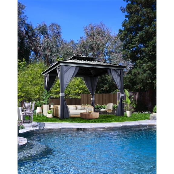 Senfot 10x10 FT Double Roof Hardtop Gazebo Aluminum Frame Netting Curtains Outdoor Pavilion Canopy for Patio Garden Deck Backyard Black Gray