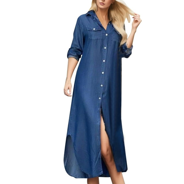 Gibobby Vestido Casual para Mujer Bolsillo largo para mujer Camisa Botón Casual Vestido Manga Estampado sexy Vestido suelto para mujer(Azul,XL)