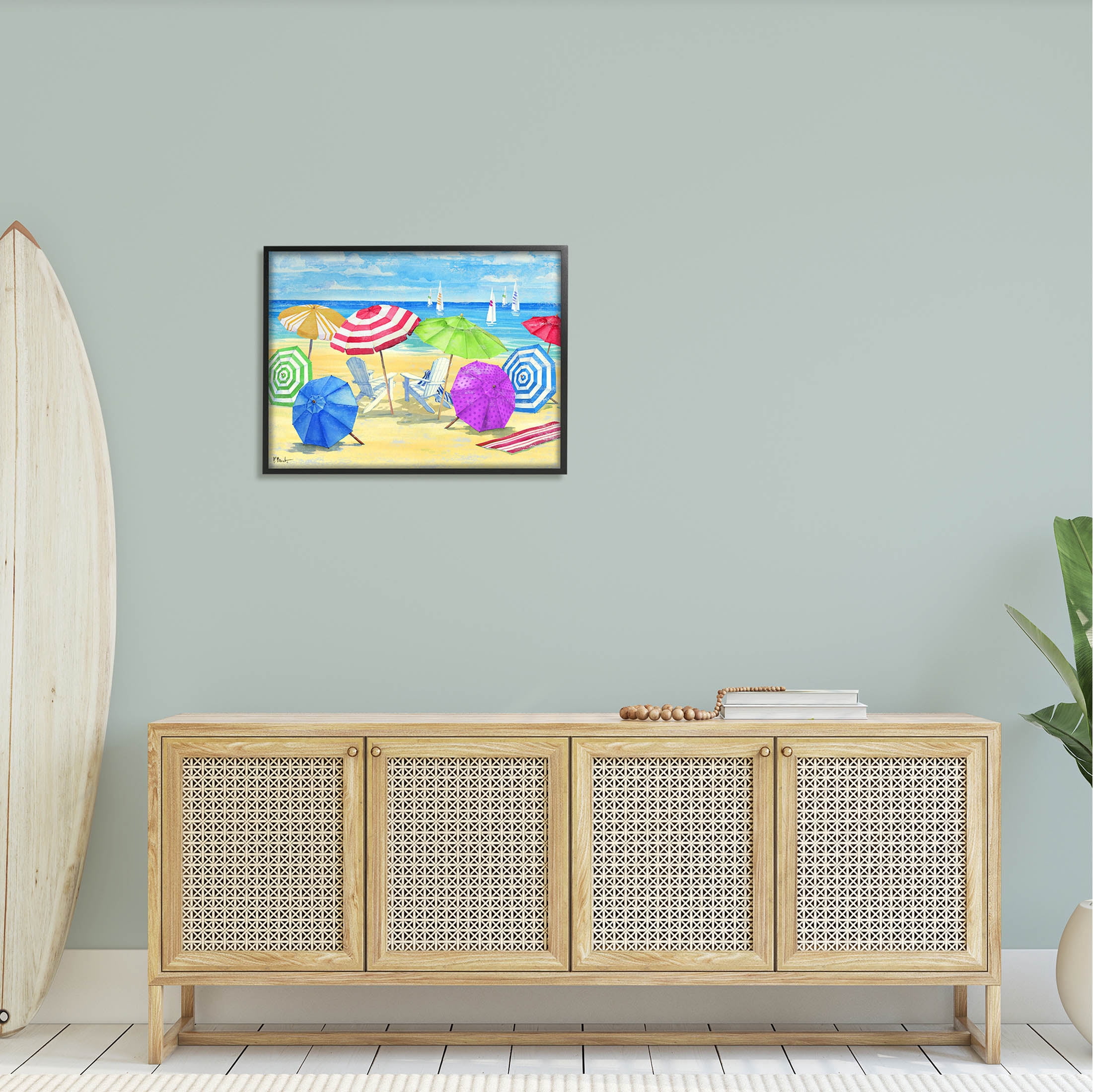 Stupell Industries Umbrella Coast Vibrant Beach Landscape Painting Black Framed Art Print Wall Art, Design by Paul Brent