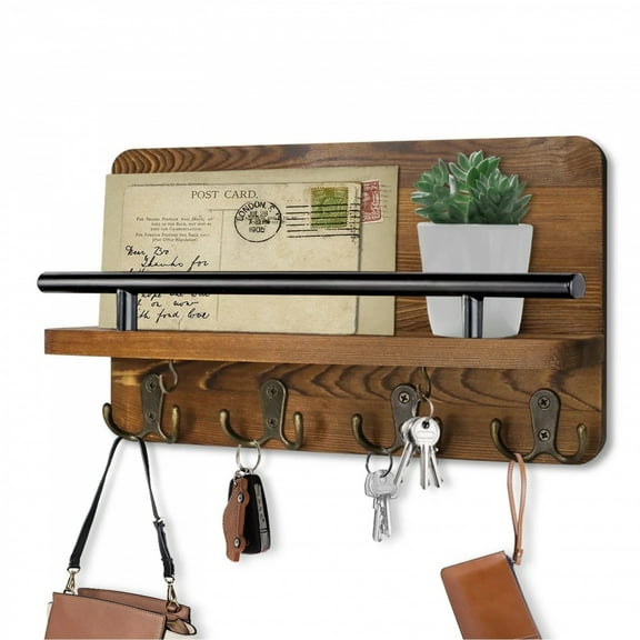 Wooden Key Holder and Mail Organizer for Entrance Decorative Wall Mounted Key Hangers Shelf Hanging Keys Sunglasses Dog Leash