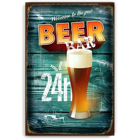 Beer Bar Open 24/7 Mancave Happy Hour Pub Rustic Metal Sign Size: 8 x 12 Inch