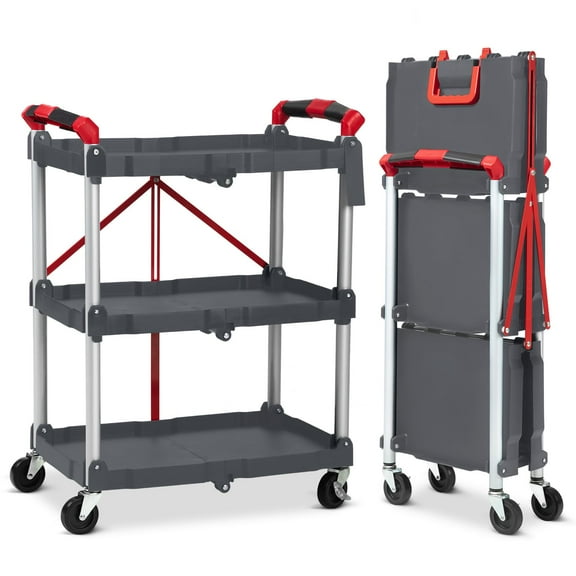2024 New Foldable Utility Service Cart, 3 Shelf Heavy Duty Plastic Rolling Cart with 360° Swivel Wheels (2 with Brakes), Ergonomic Handle, Collapsible Utility Carts for Warehouse Office Home - Gray