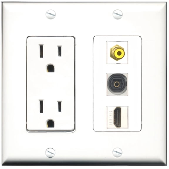 Ultra Spec Cables 15 Amp Power Outlet 1 Port HDMI 1 Port RCA Yellow 1 Port Toslink Wall Plate