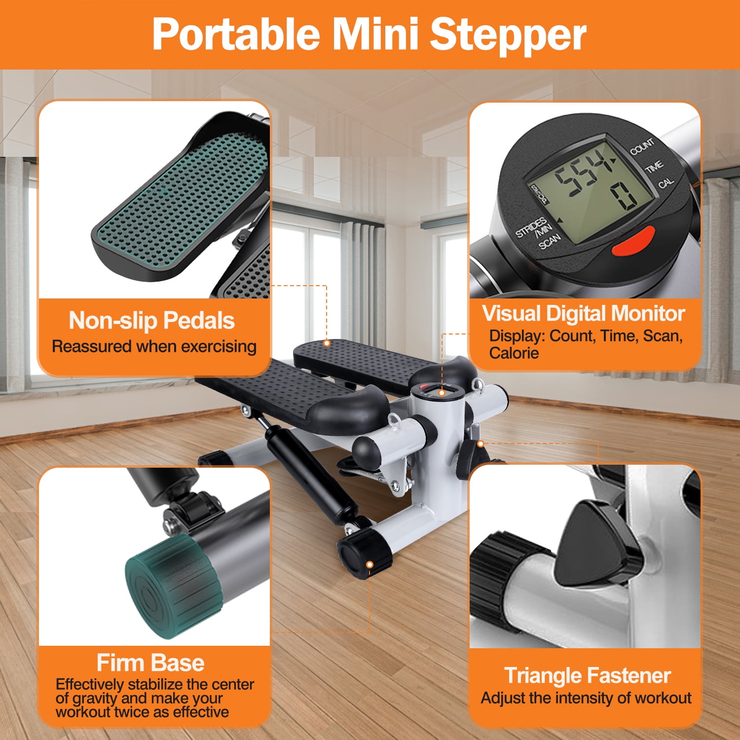 Steppers for Exercise Mini Stepper with 2 Removable Resistance Bands 330.7lbs Steel Stair Stepper for Full Body Workout LCD Monitor Non-Slip Quiet Pedals