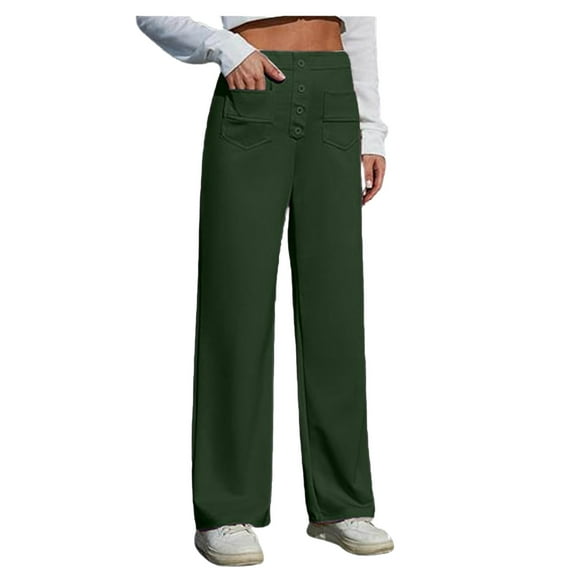 HJYCHN Women High Waist Straight Leg Trousers Business Work Casual Button Down Pants with Functional Pockets Dark Green XXXXL