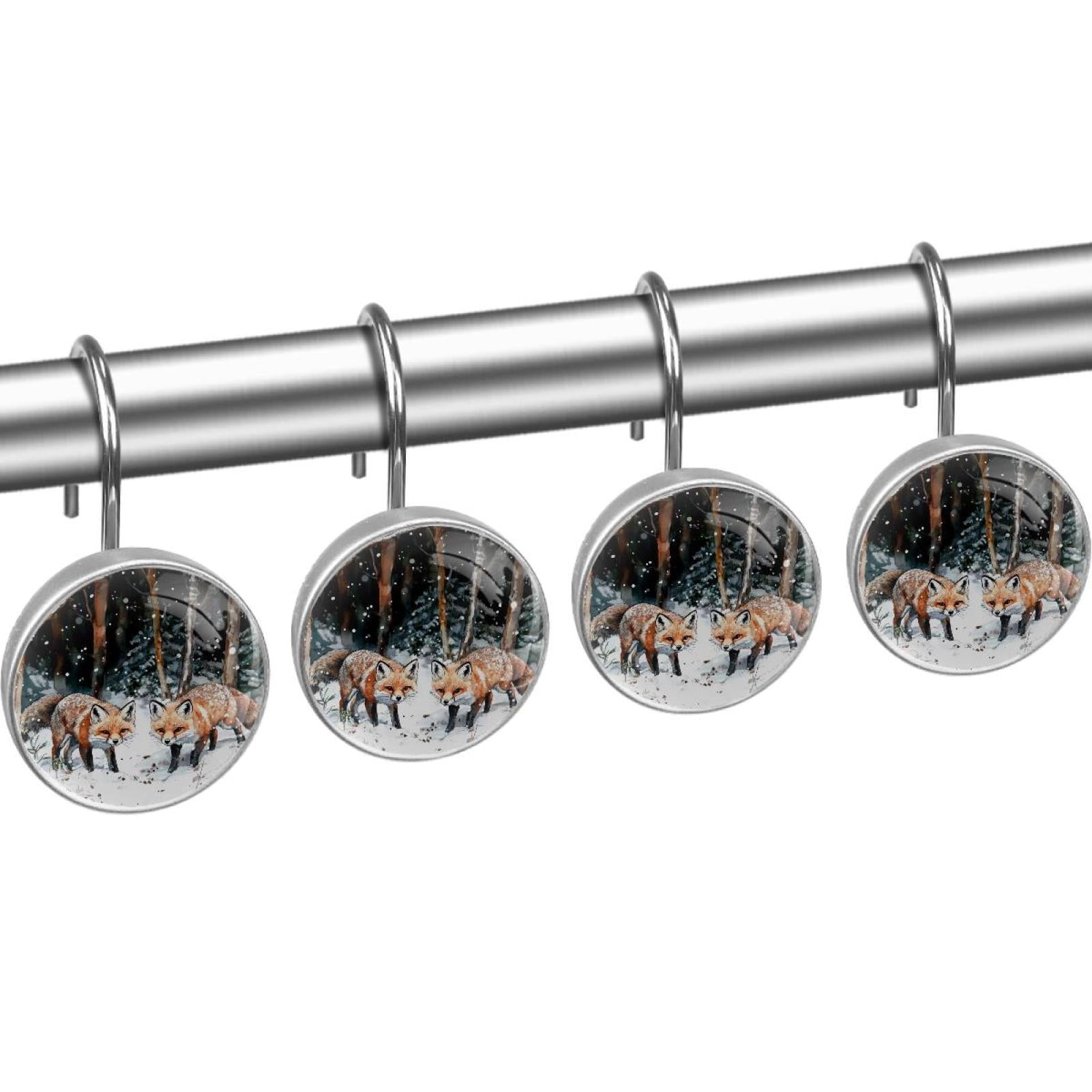 Two Foxes on Snow Tree Forest Shower Curtain Hooks Round Crystal Glass, Set of 12 Shower Curtain Rings - Shower Hooks for Curtain Shower Rings