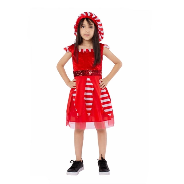 Disfraz navideño para niñas pequeñas, traje de rayas rojas y blancas, disfraz de festival escolar, mono + sombrero, 2 piezas