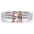 thumbnail image 4 of JeenMata Four Prong Cathedral - 1.75 Carat Princess Cut Pink Peach created morganite and Moissanite - Milgrain Border - Victorian Pave Engagement Ring - 18K White Gold Plating over Silver, 4 of 6