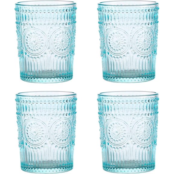 Blue Drinking Glasses Set of 4, Vintage Glassware 10 oz- For Cocktails, Mixed Drinks, Whiskey, Beverage, Water, Milk and Juice