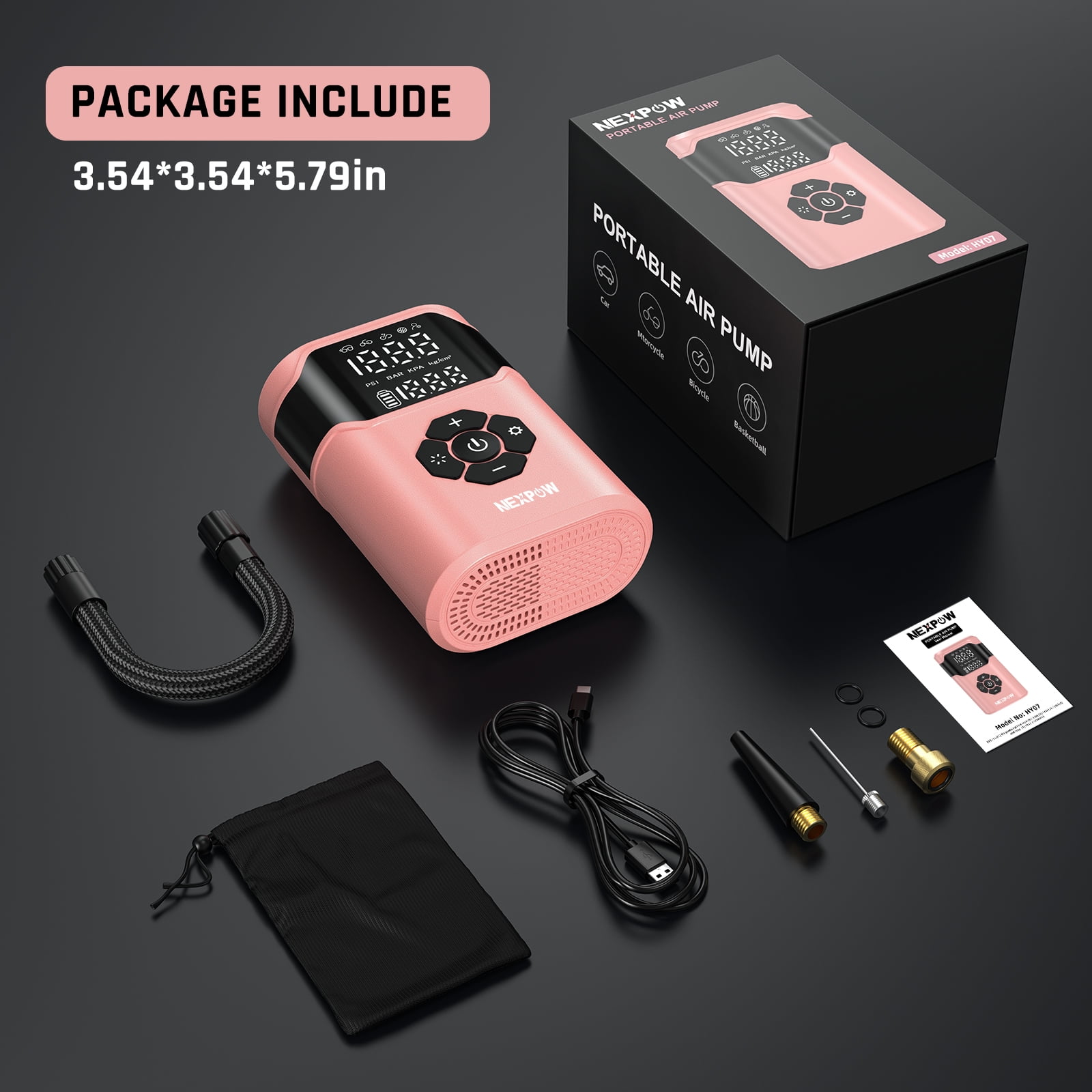 NEXPOW Tire Inflator Portable Air Compressor, 150 PSI Air Compressor for Car Tires with Dual-Screen Display, 3X Fast Inflation Portable Bike Pump for Car, Motorcycle, Bike, Ball, Pink