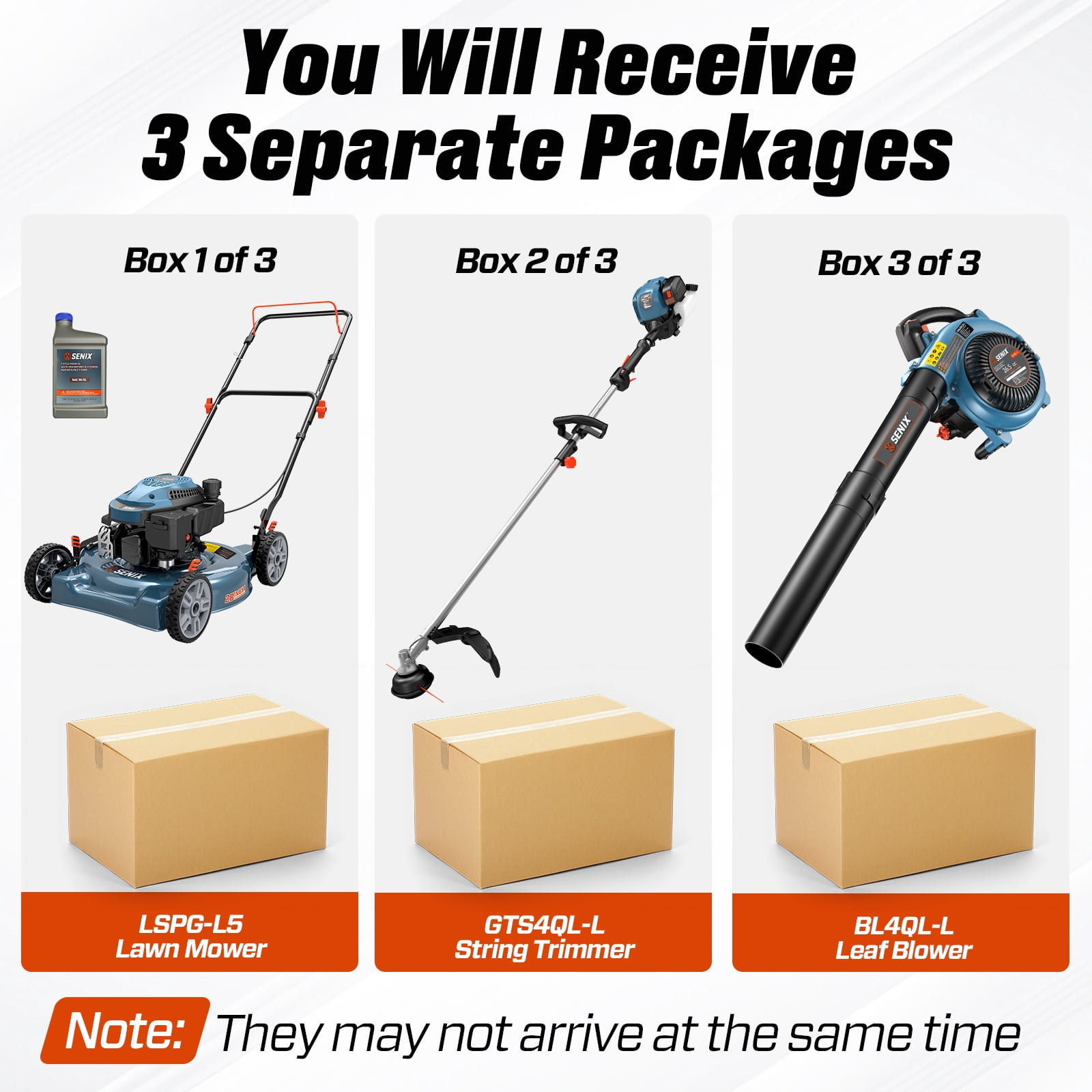 SENIX 3-Tool Combo Kit w/ LSPG-L5, GTS4QL-L, BL4QL-L: 144cc 20-Inch Gas Push Lawn Mower, 26.5cc 4-Cycle 410 CFM Leaf Blower & 17-Inch String Trimmer