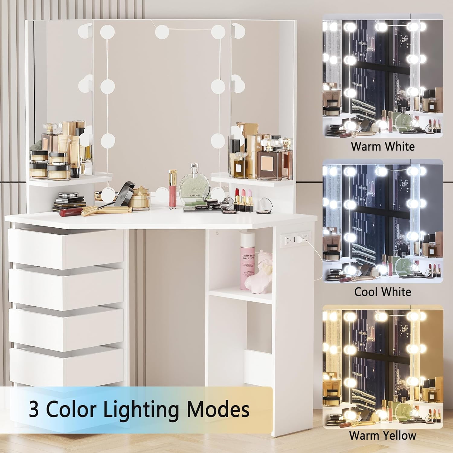 1pc LED Vanity Lights For Mirror 13ft, 3 Color Vanity Mirror Lights  Adjustable Brightness 3 Button/App Control Bright Makeup Mirror Lights  Stick On For Vanity Desk Dressing Room Mirror,Mirror Not Included