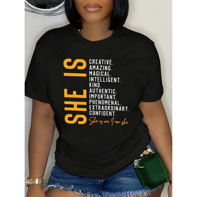 She Is Creative, Amazing, Magical, Smart & Kind" - Women's Casual Crew Neck T-Shirt with Letter Print, Short Sleeve, Breathable Polyester, Machine Washable, Spring & Summer, T-ShirtFather's Day, Mot