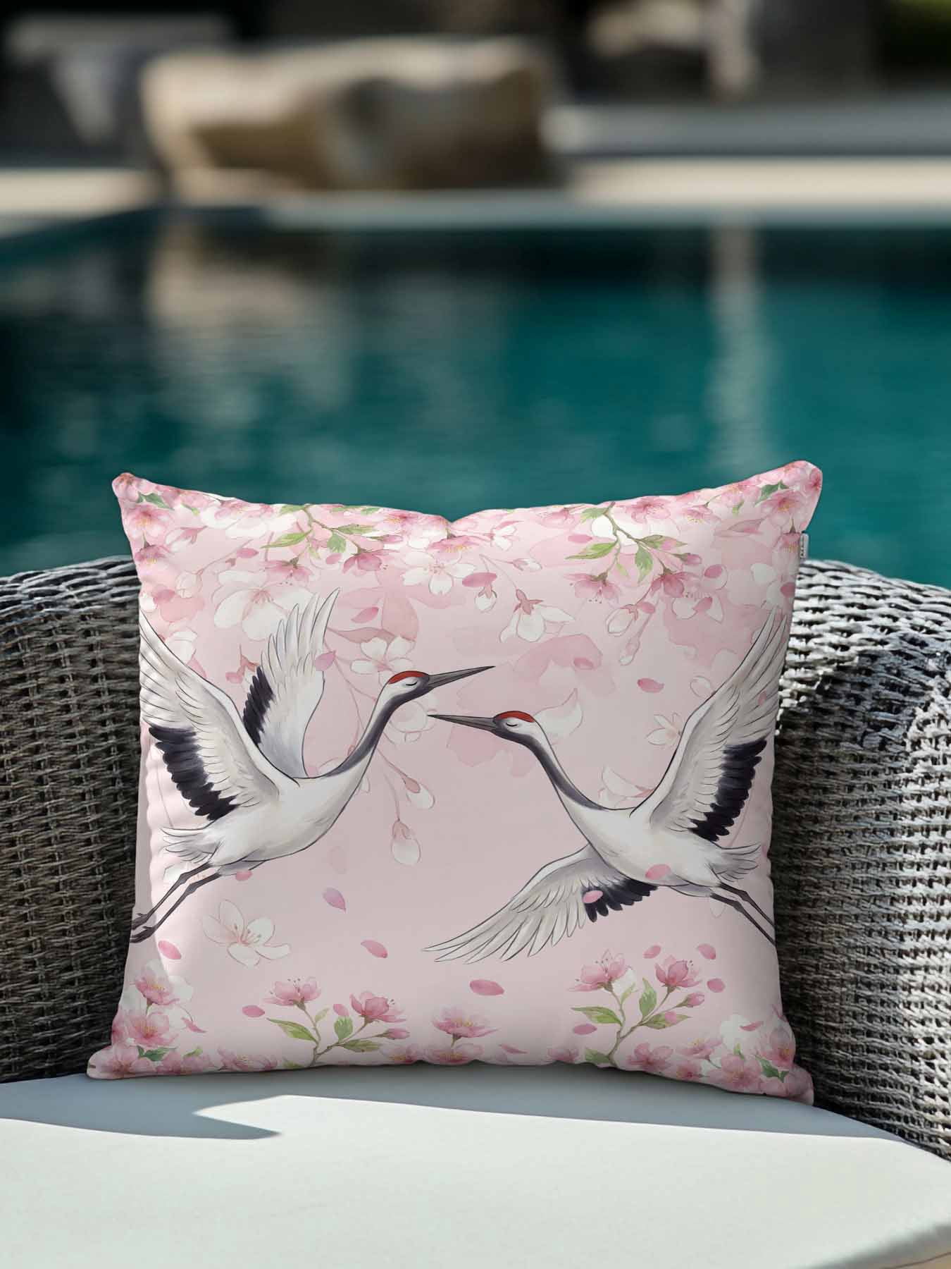 1 Pack Outdoor Pillows Waterproof, Cherry Blossom Crane Indoor/Outdoor Throw Pillows with Inserts, Pink Spring Modern Farmhouse Floral Decorative Pillow for Patio Furniture Chairs Couch