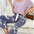 thumbnail image 1 of Pijama informal de seda de algodón con contraste de color de verano para mujer, traje fino, ropa para el hogar de color sólido y flores múltiples, 1 of 5