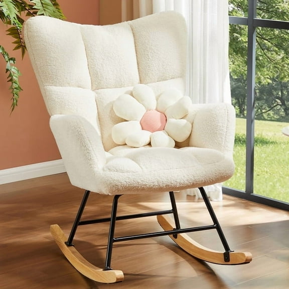 MCQ Rocking Chair Nursery, Teddy Upholstered Glider Rocker with High Backrest, Reading Chair Modern Rocking Accent Chairs Glider Recliner, Beige