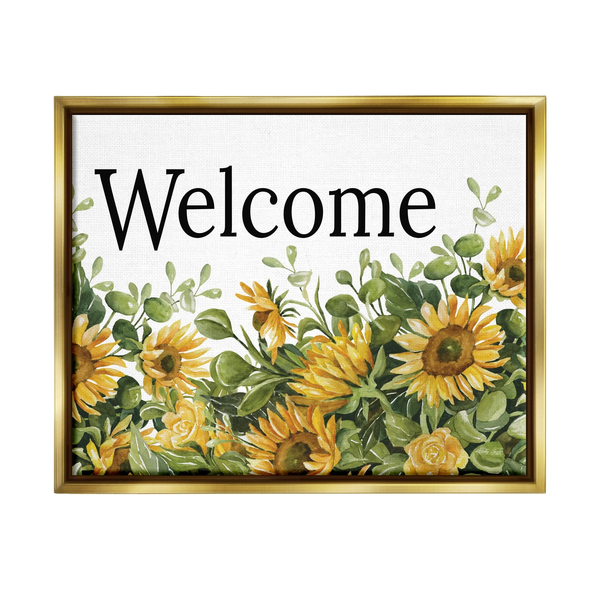 Stupell Industries Welcome Typography Sign Blooming Sunflower Field Graphic Art Metallic Gold Floating Framed Canvas Print Wall Art, Design by Cindy Jacobs