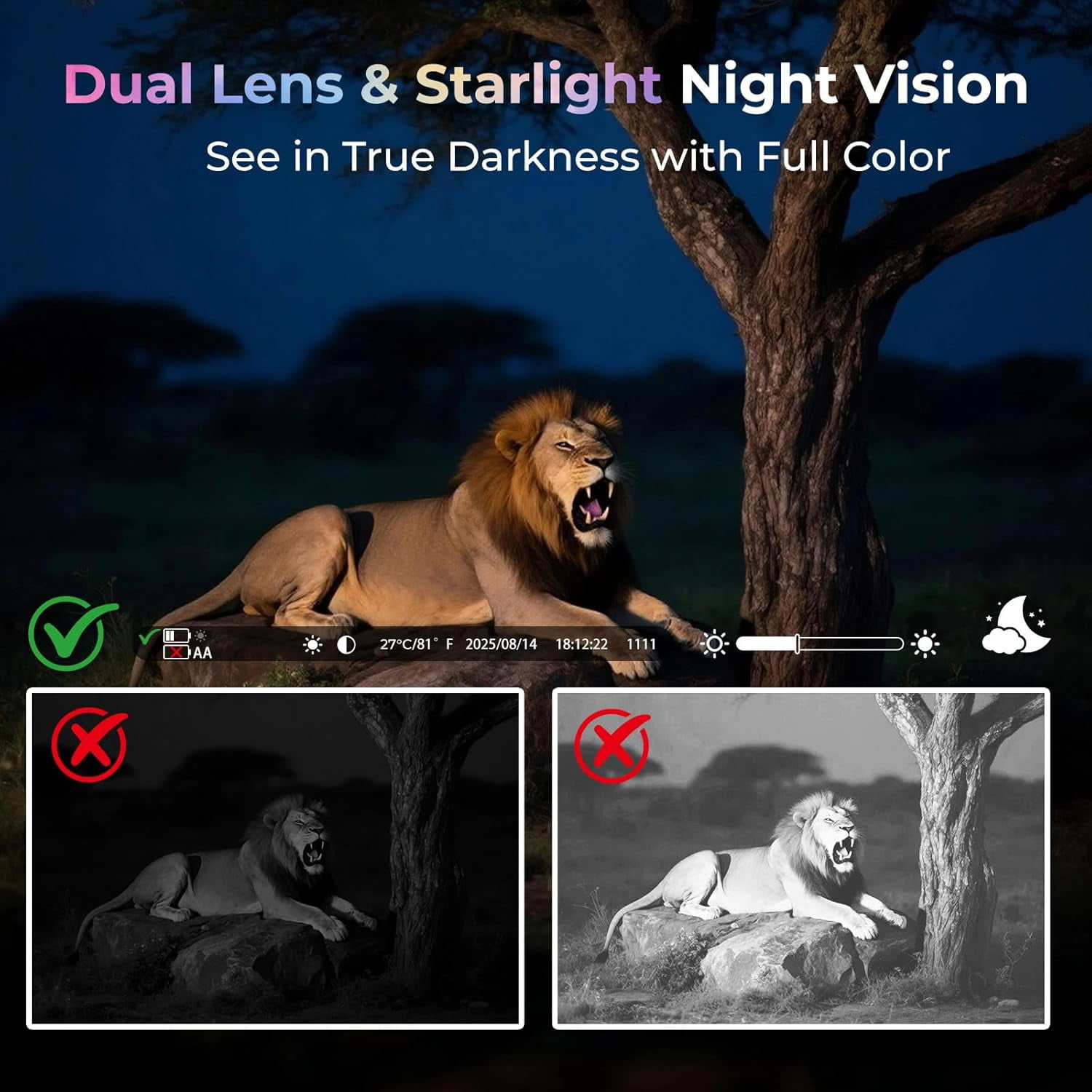 CAMPARK 4K 30fps 60MP Solar WiFi Trail Camera, Starlight Night Vision Dual Lens Bluetooth Game Camera with 0.1S Trigger IMX458 Sensors Hunting Cam with 120° Wide-Angle IP66 Waterproof