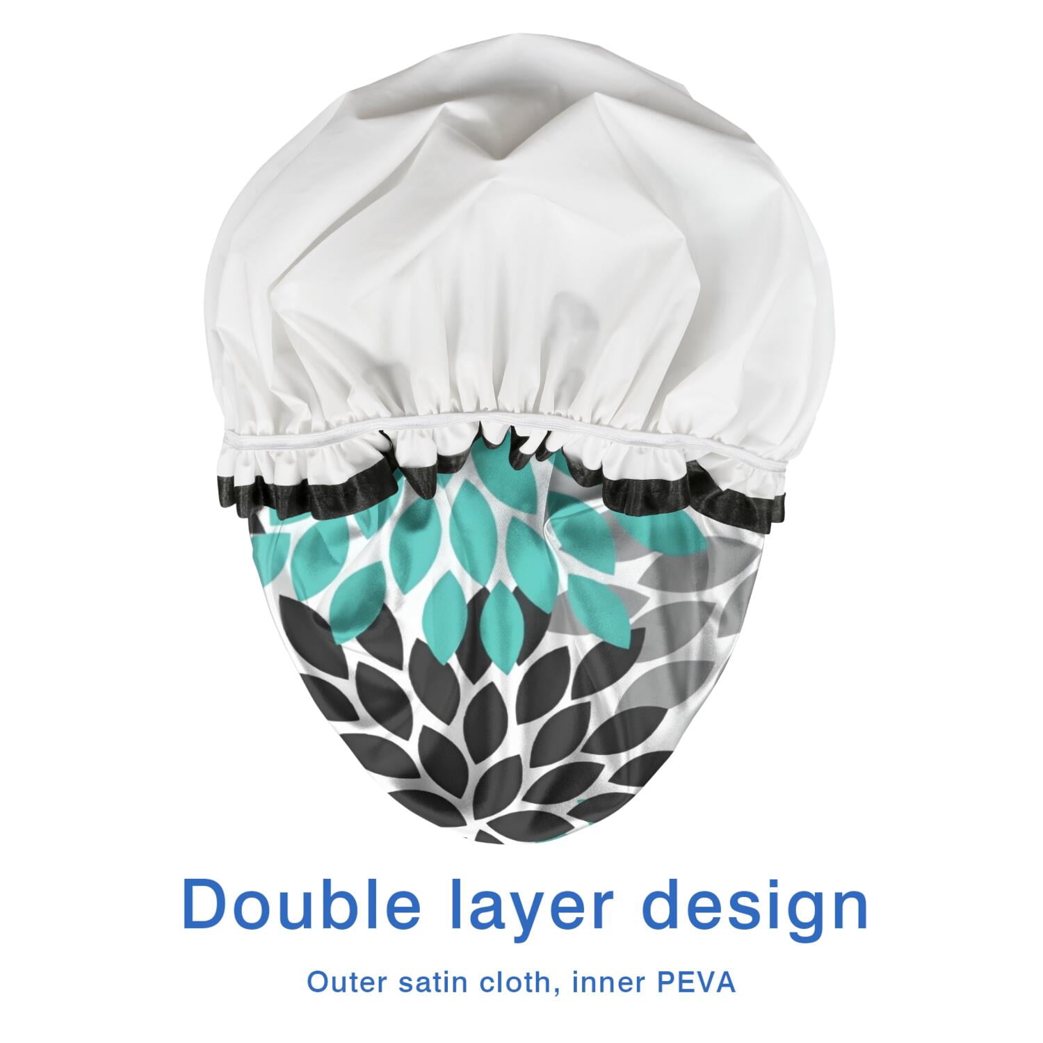 Shower Caps,Black Turquoise and Gray Floral Pattern Waterproof Shower Cap for Women 4 Pieces,Double Reusable Hair Cover for Shower PEVA Elastic Stretch Hem