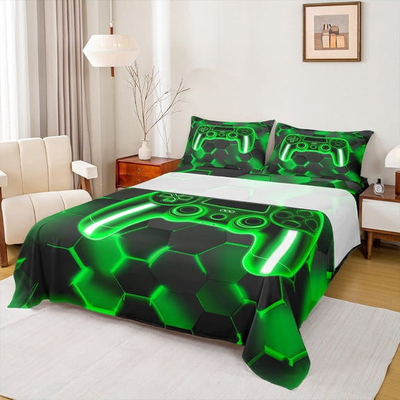 Erosebridal Gamer Gamepad Sheet Set Twin, Geometry Stripe Bedding Sets Twin Size, Game Lover Twin Sheet Sets, Microfiber Room Decorative, 3-Piece