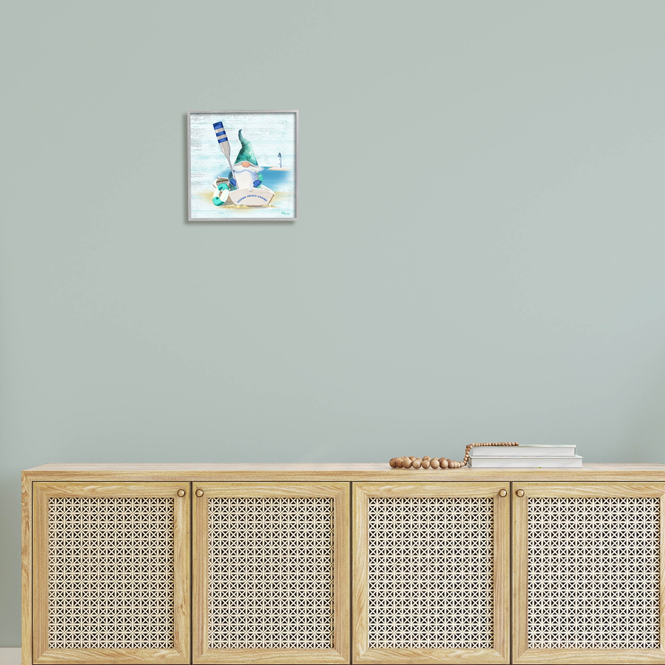 Stupell Industries Coastal Gnome Blue Row Boat Graphic Art Gray Framed Art Print Wall Art, Design by Paul Brent