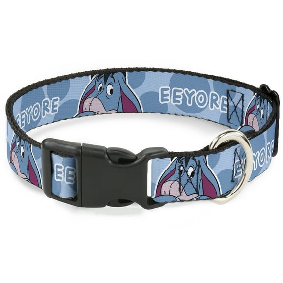 Disney Pet Collar, Dog Collar Plastic Buckle, Winnie the Pooh Eeyore Text and Expression Close Up Dot Blues, 7 to 8.5 Inches 0.5 Inch Wide