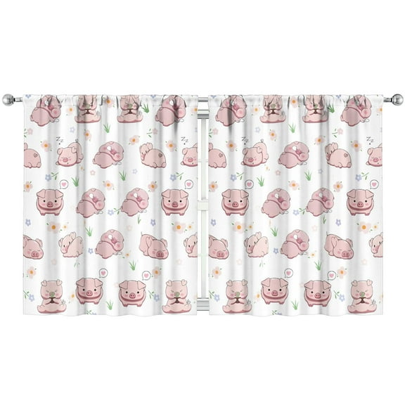 2 PC Cute Pig Kitchen Curtains - Minimalist Baby Pig Pattern, Playful Farm Animal Design, Semi-Sheer Rod Pocket Panels 52x63 Inch