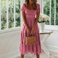 thumbnail image 4 of bnaln Womens Casual Summer Dresses Short Sleeve Square Neck Smocked Boho Floral Sundress Loose Flowy A-Line Midi Dress Beach Cover Up Vacation Sun Dresses Holiday Outfits, 4 of 9