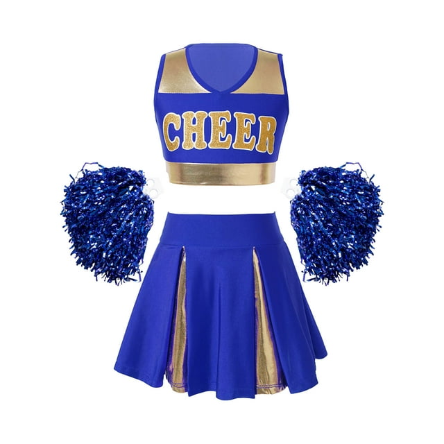 TSSOE Kids Girls Cheer Leader Costume Halloween Cheerleading Team Rooter Uniform Set Crop Top with Pleated Skirt E#Blue12 14