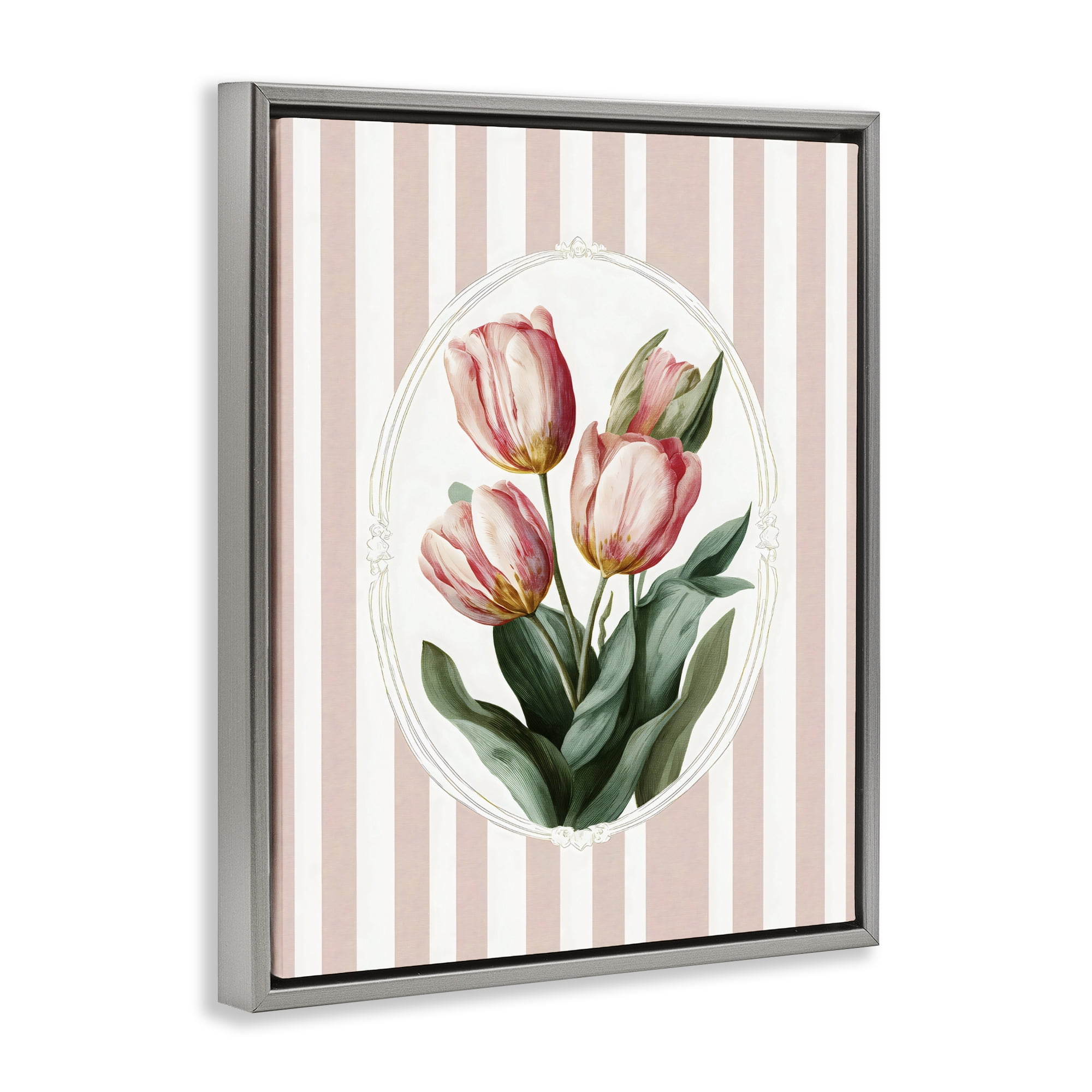 Stupell Industries Vintage Tulips on Stripes Gray Framed Floater Canvas Wall Art, design by Ink Drop Loft