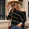 thumbnail image 4 of Women'S Crochet Color Block Boat Neck 3/4 Sleeve Striped Hollow Out Pullover Sweater Black  (Hollow Knitted Hood) M, 4 of 7