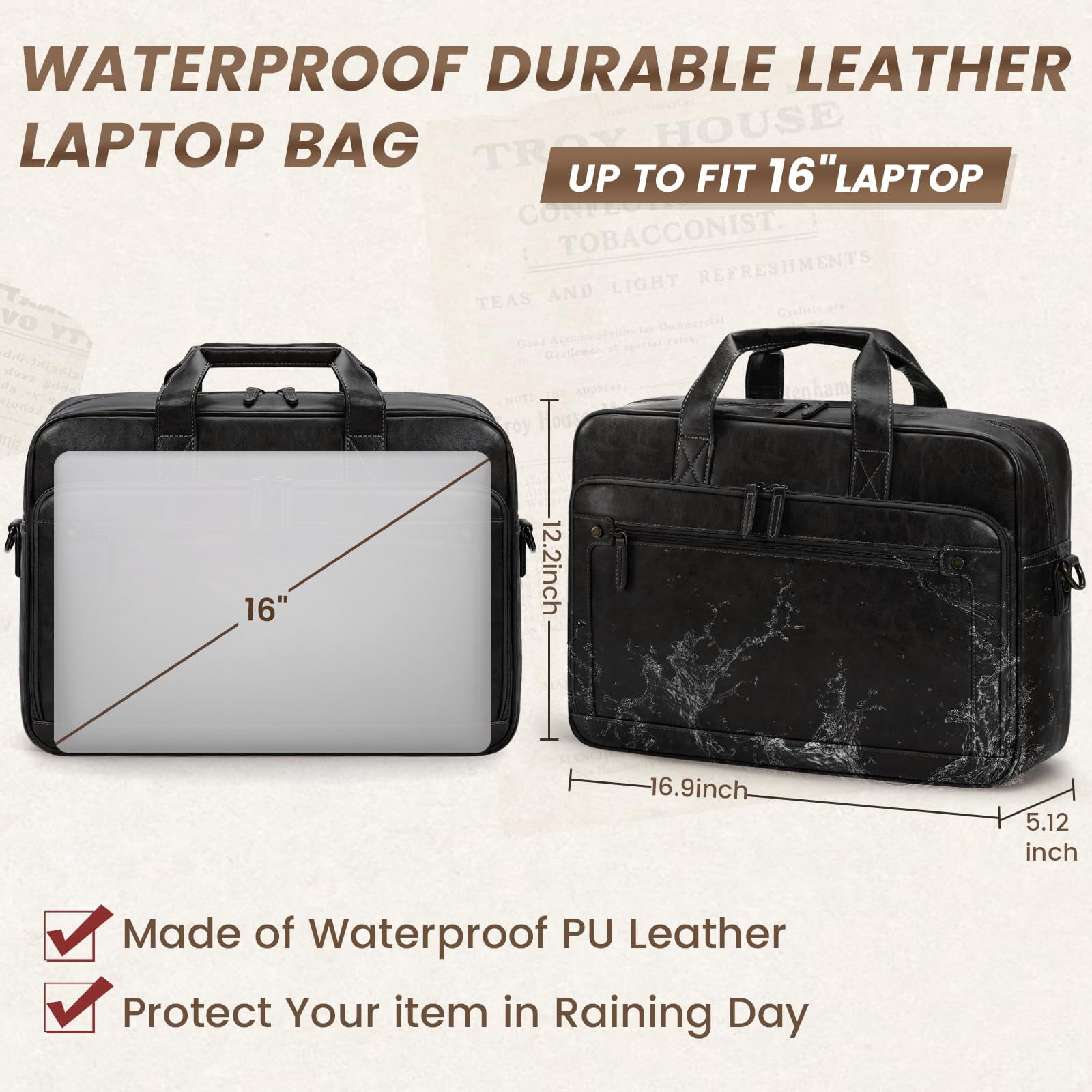RAINSMORE Mens Laptop Bag 16 Inch Leather Briefcase Vintage Messenger Bag for Men Large Crossbody Shoulder Office Computer Bag Retro College Satchel Bag for Work, Business,Travel,Black