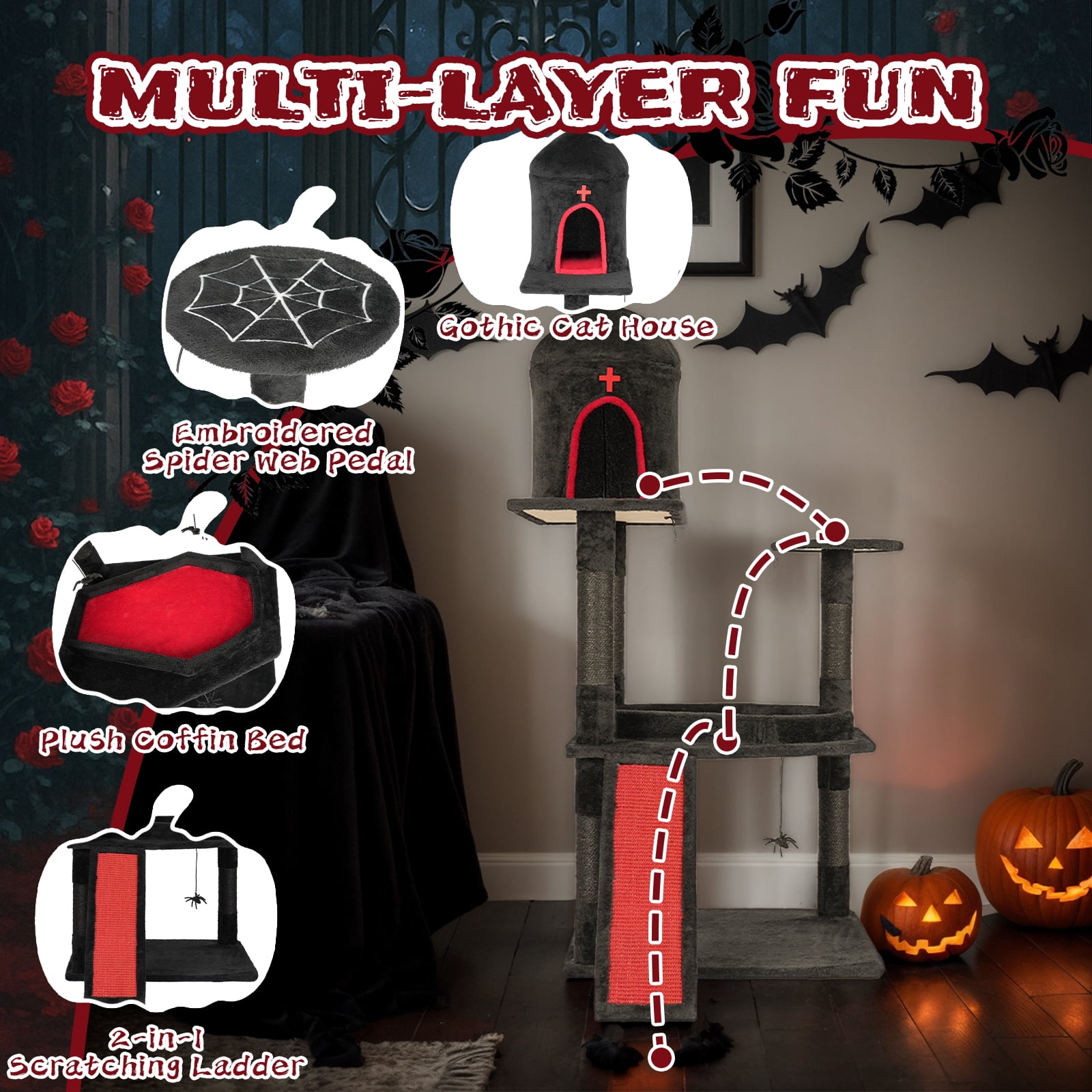 Gothic Red & Black Cat Tree with Coffin Bed & Bat Design